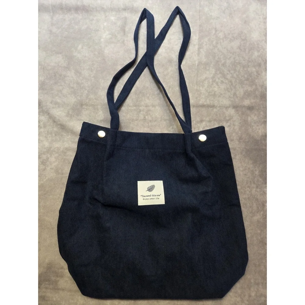 Corduroy Tote Bag Ribbed Navy 100% Cotton Eco Reusable Purse Women's 14in x 13in